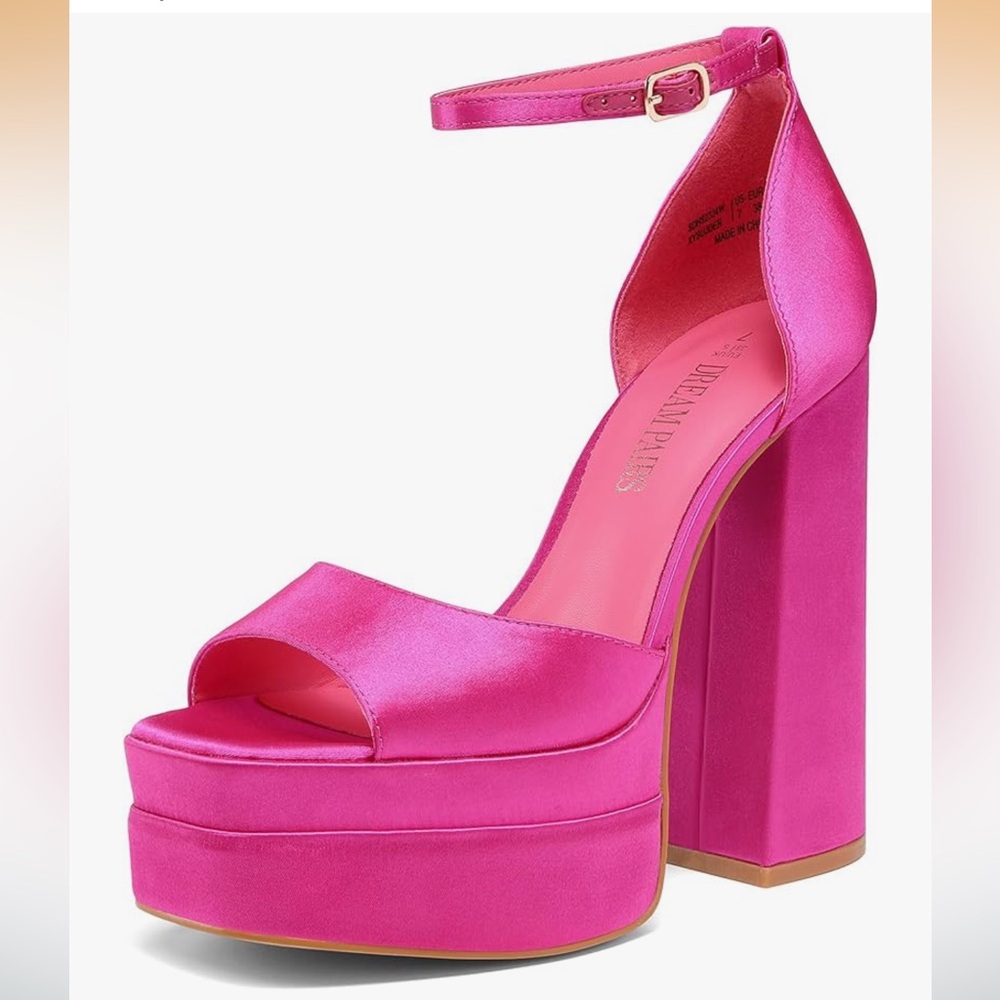 DREAM PAIRS Shoes 9.5 Pink High Heels Chunky Block Platform Strap Open Toe Satin